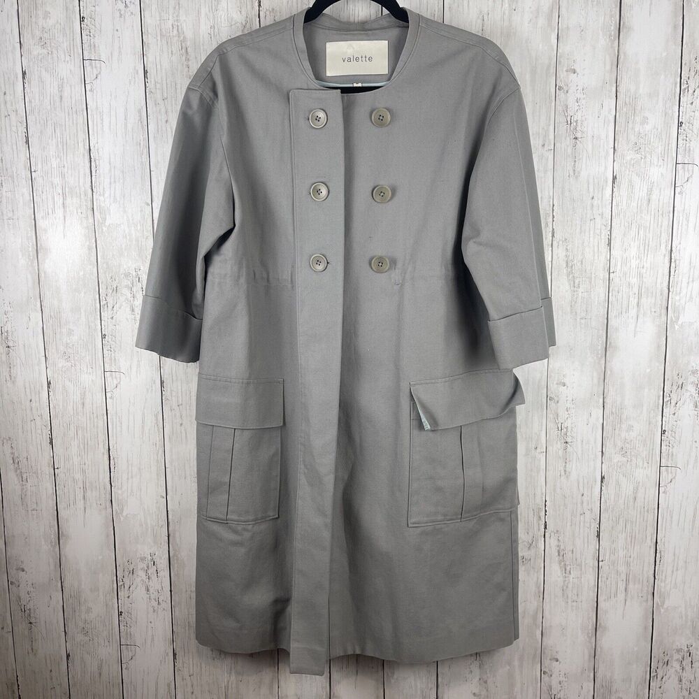 Valette Womens Jacket Coat Medium Gray Linen Blend Long‎ Line 3/4 Sleeve Pockets